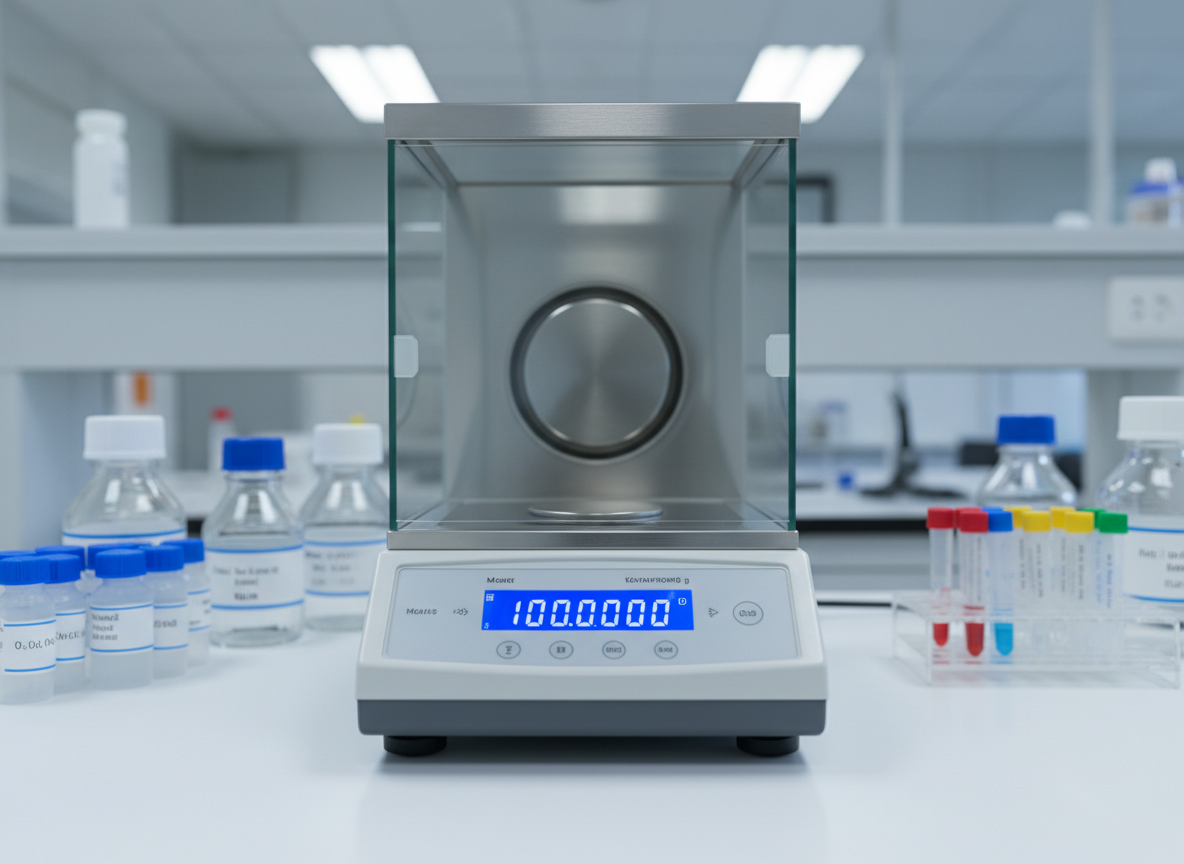 A high-precision analytical balance with a brushed stainless-steel weighing pan and clear glass draft shield, displayed on a spotless white lab bench. The digital display glows a crisp blue, clearly showing precise measurements to four decimal places. Surrounding it are neatly arranged labeled reagent bottles and a few color-coded microtubes, slightly out of focus. Cool, diffused overhead lab lighting creates soft reflections on the metal surfaces and clean shadows beneath the instrument. Photographic realism with an eye-level composition and shallow depth of field emphasizes the balance’s accuracy and reliability, conveying a professional, orderly atmosphere ideal for a modern analytical laboratory homepage hero image.