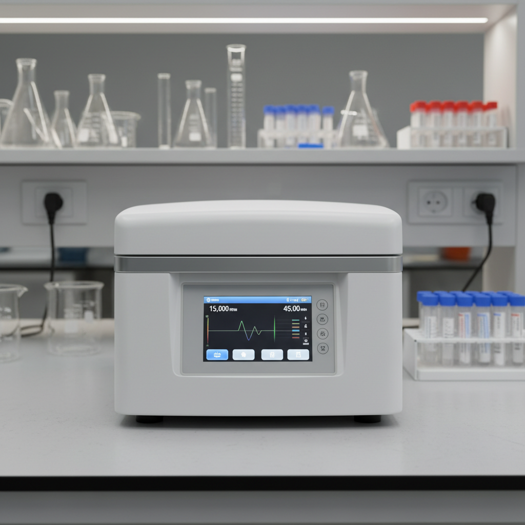 An advanced benchtop centrifuge with a smooth white housing and sleek gray accents, lid closed, positioned centrally on a polished epoxy resin lab counter. The control panel’s high-resolution touchscreen displays a sophisticated interface with speed and time parameters. In the softly blurred background, shelves of neatly aligned glassware and labeled sample racks suggest a well-organized lab environment. Neutral, evenly distributed LED lab lighting highlights the instrument’s contours and casts clean, minimal shadows. Captured in photographic realism from a slightly elevated angle with balanced composition, the mood is precise, efficient, and highly professional, ideal for showcasing cutting-edge lab instrumentation.