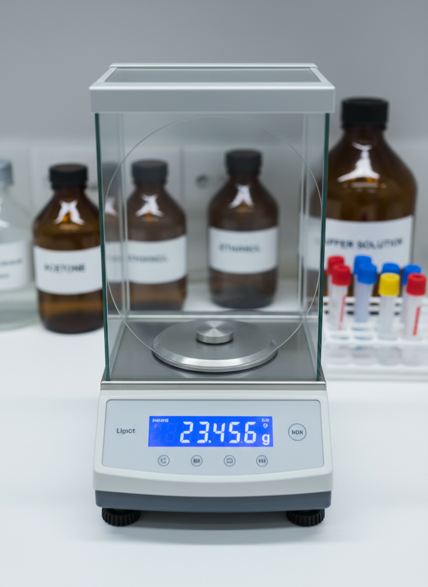 A high-precision analytical balance with a brushed stainless-steel weighing pan and clear glass draft shield, displayed on a spotless white lab bench. The digital display glows a crisp blue, clearly showing precise measurements to four decimal places. Surrounding it are neatly arranged labeled reagent bottles and a few color-coded microtubes, slightly out of focus. Cool, diffused overhead lab lighting creates soft reflections on the metal surfaces and clean shadows beneath the instrument. Photographic realism with an eye-level composition and shallow depth of field emphasizes the balance’s accuracy and reliability, conveying a professional, orderly atmosphere ideal for a modern analytical laboratory homepage hero image.