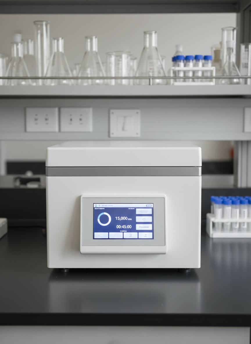 An advanced benchtop centrifuge with a smooth white housing and sleek gray accents, lid closed, positioned centrally on a polished epoxy resin lab counter. The control panel’s high-resolution touchscreen displays a sophisticated interface with speed and time parameters. In the softly blurred background, shelves of neatly aligned glassware and labeled sample racks suggest a well-organized lab environment. Neutral, evenly distributed LED lab lighting highlights the instrument’s contours and casts clean, minimal shadows. Captured in photographic realism from a slightly elevated angle with balanced composition, the mood is precise, efficient, and highly professional, ideal for showcasing cutting-edge lab instrumentation.